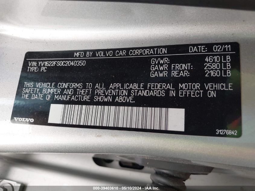 2012 Volvo S60 T5 VIN: YV1622FS0C2040350 Lot: 39403610