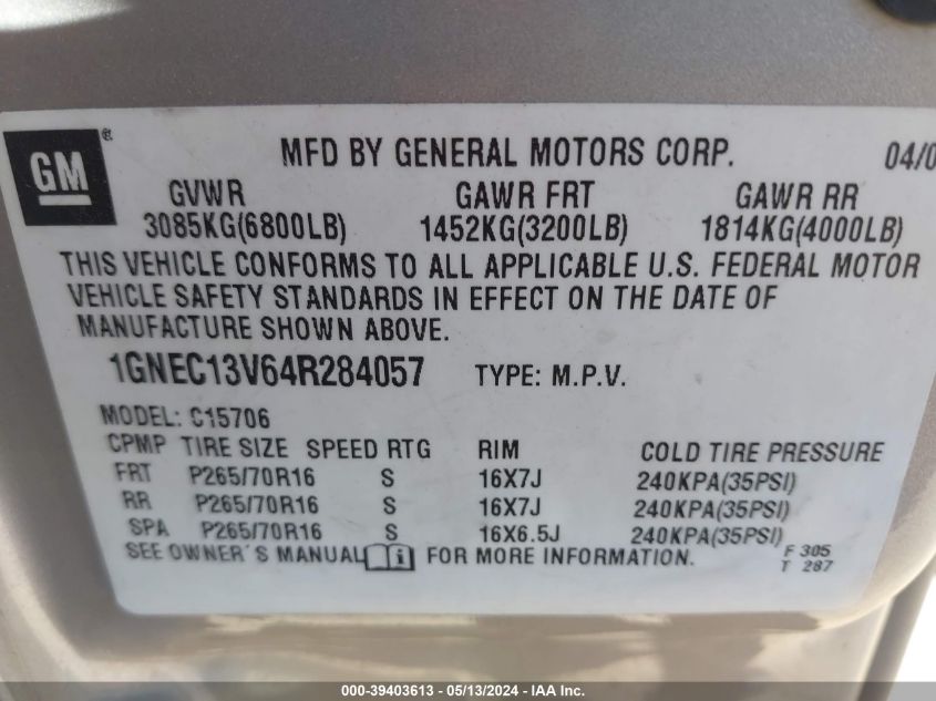 2004 Chevrolet Tahoe Ls VIN: 1GNEC13V64R284057 Lot: 39403613