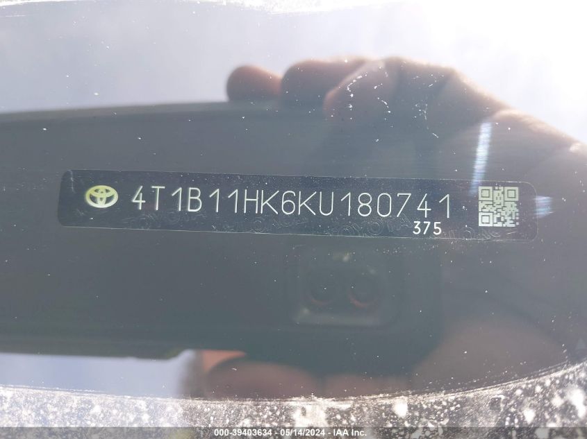 2019 Toyota Camry Se VIN: 4T1B11HK6KU180741 Lot: 39403634