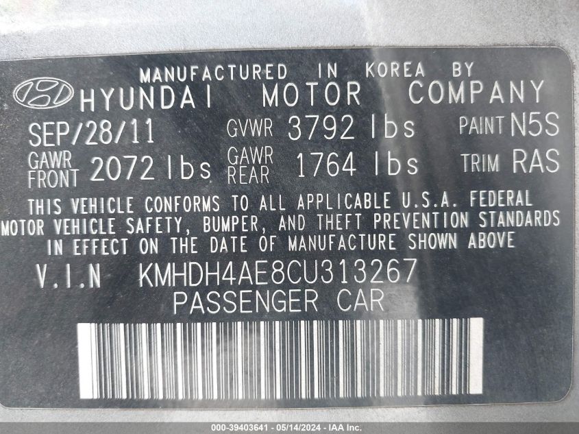 2012 Hyundai Elantra Limited (Ulsan Plant) VIN: KMHDH4AE8CU313267 Lot: 39403641