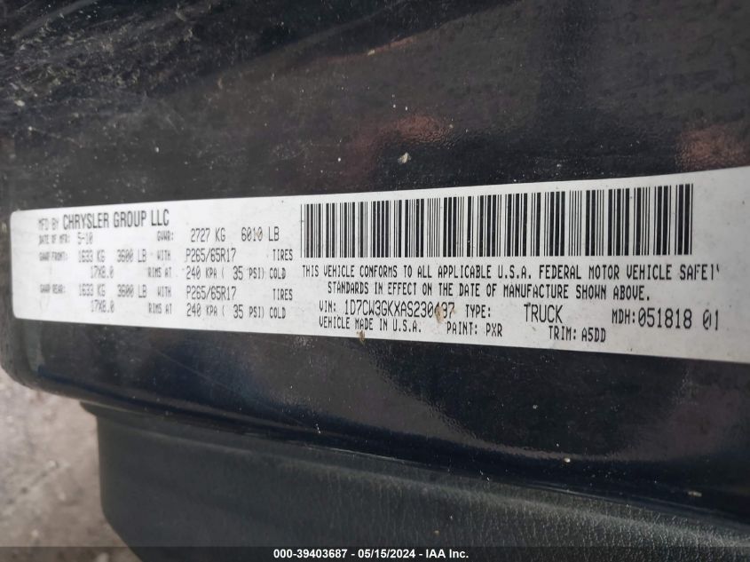 2010 Dodge Dakota Bighorn/Lonestar VIN: 1D7CW3GKXAS230497 Lot: 39403687