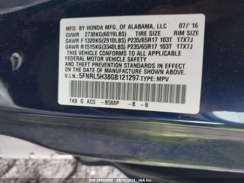 2016 Honda Odyssey Se VIN: 5FNRL5H38GB121297 Lot: 39403690