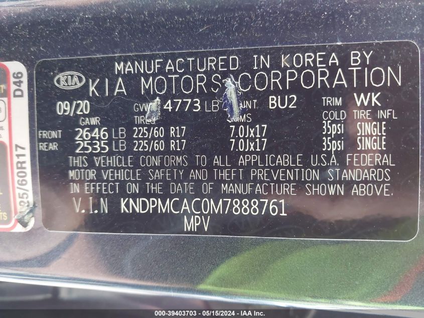 2021 Kia Sportage Lx VIN: KNDPMCAC0M7888761 Lot: 39403703