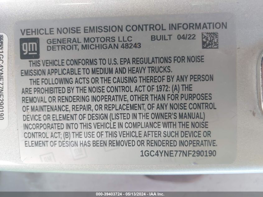 2022 Chevrolet Silverado 2500Hd 4Wd Standard Bed Lt VIN: 1GC4YNE77NF290190 Lot: 39403724