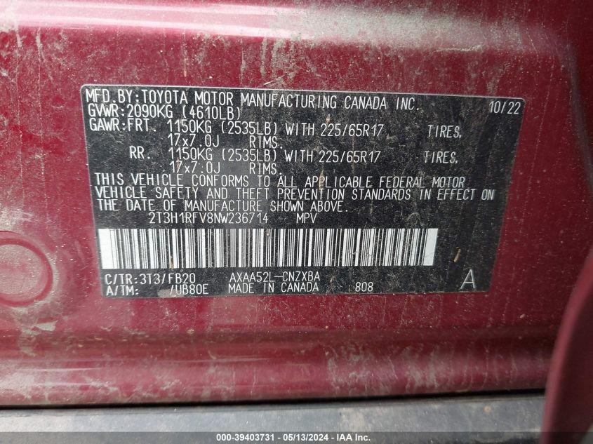 2022 Toyota Rav4 Le VIN: 2T3H1RFV8NW236714 Lot: 39403731