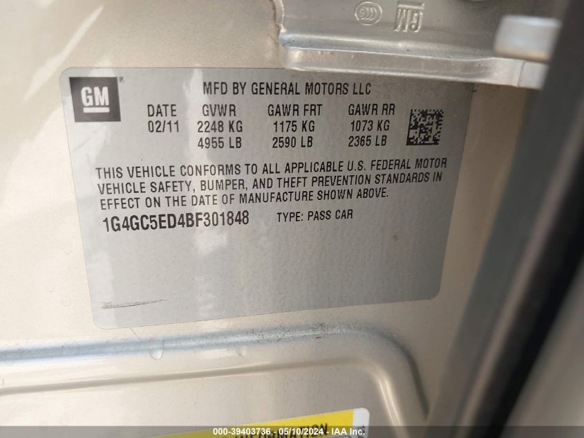 2011 Buick Lacrosse Cxl VIN: 1G4GC5ED4BF301848 Lot: 39403736