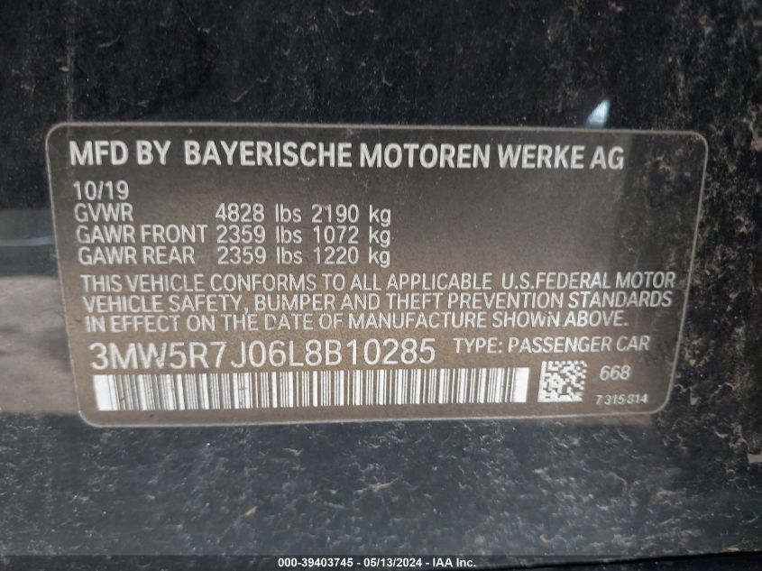 2020 BMW 330I xDrive VIN: 3MW5R7J06L8B10285 Lot: 39403745