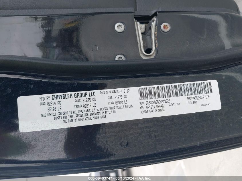 2012 Dodge Charger Se VIN: 2C3CDXBG8CH219622 Lot: 39403747