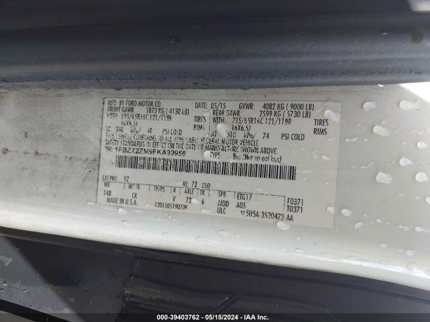 2015 Ford Transit-350 Xlt VIN: 1FBZX2ZM9FKA99956 Lot: 39403762