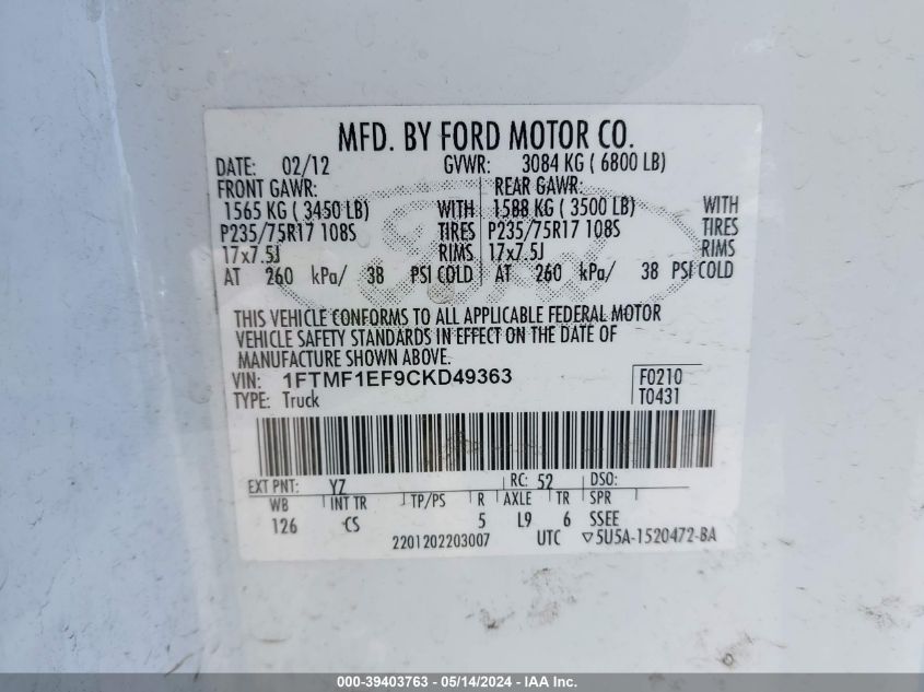 2012 Ford F-150 Stx VIN: 1FTMF1EF9CKD49363 Lot: 39403763