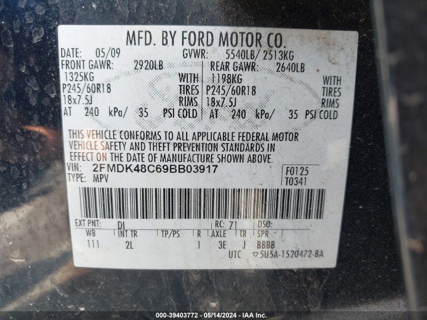 2009 Ford Edge Sel VIN: 2FMDK48C69BB03917 Lot: 39403772