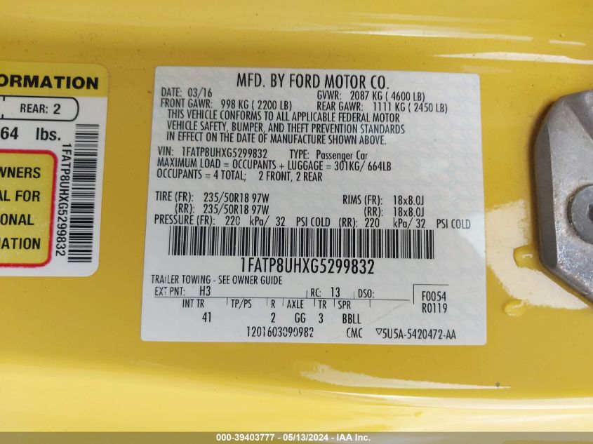 2016 Ford Mustang Ecoboost Premium VIN: 1FATP8UHXG5299832 Lot: 39403777