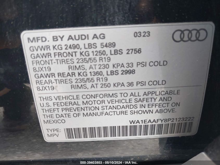 2023 Audi Q5 Premium Plus 45 Tfsi S Line Quattro VIN: WA1EAAFY8P2123222 Lot: 39403803