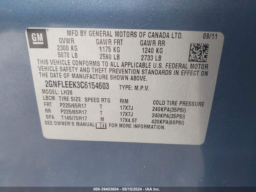 2012 Chevrolet Equinox 1Lt VIN: 2GNFLEEK3C6154603 Lot: 39403804