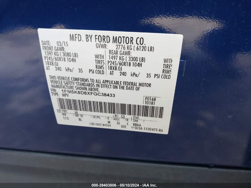 2015 Ford Explorer Xlt VIN: 1FM5K8D8XFGC38433 Lot: 39403806