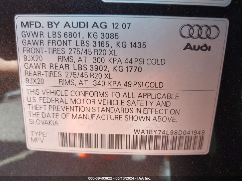 2008 Audi Q7 3.6 Premium VIN: WA1BY74L98D041949 Lot: 39403822