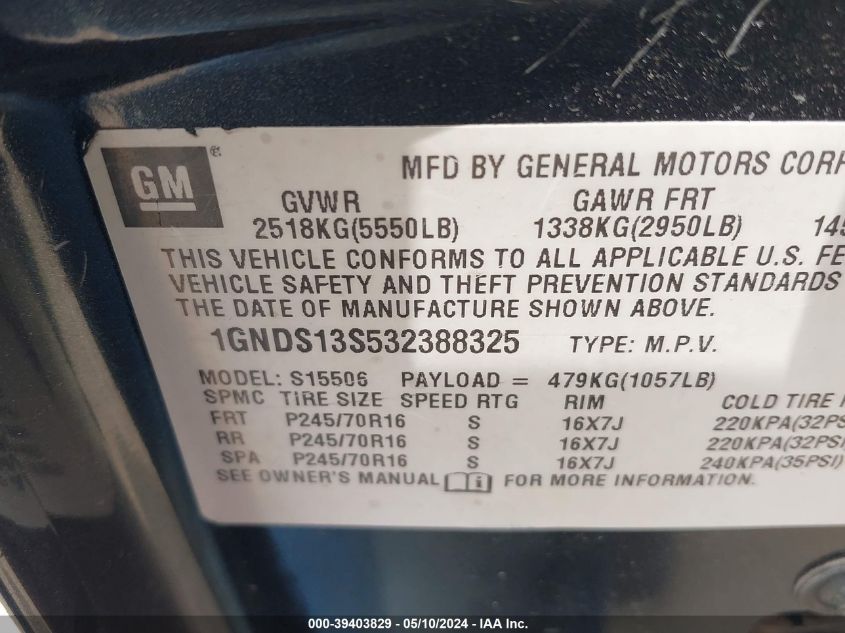 2003 Chevrolet Trailblazer Lt VIN: 1GNDS13S532388325 Lot: 39403829