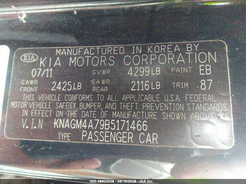 KNAGM4A79B5171466 2011 Kia Optima Lx