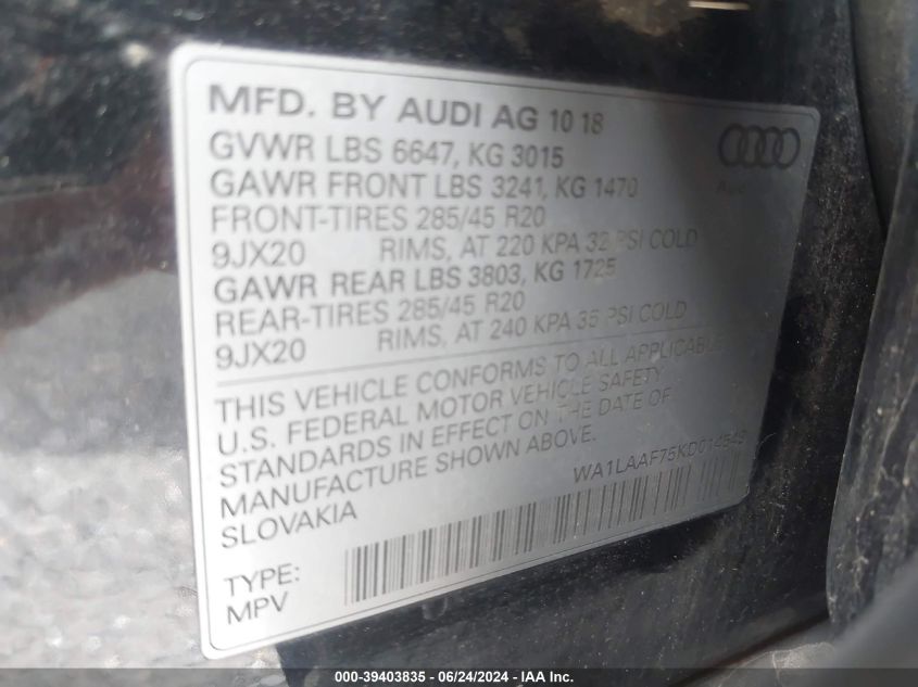 WA1LAAF75KD014549 2019 Audi Q7 55 Premium/55 Se Premium