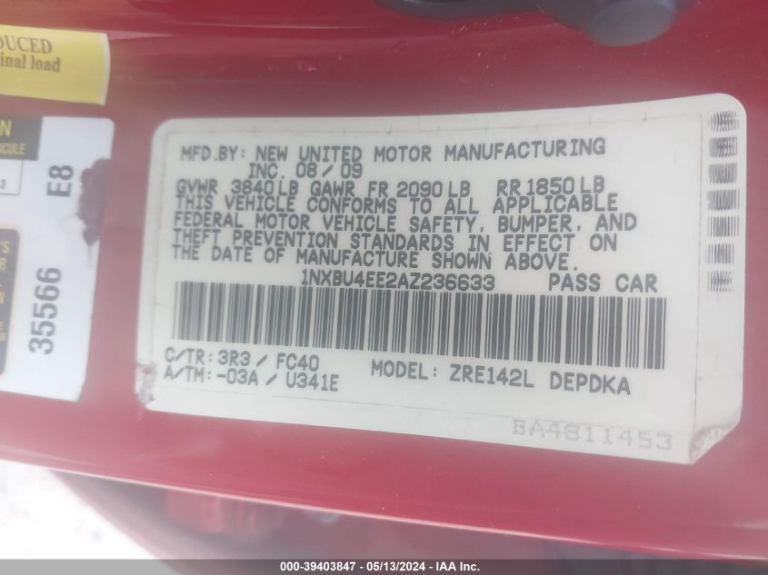 2010 Toyota Corolla Le VIN: 1NXBU4EE2AZ236633 Lot: 39403847