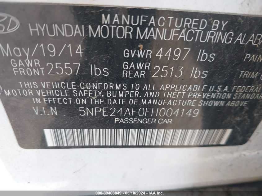 2015 Hyundai Sonata Se VIN: 5NPE24AF0FH004149 Lot: 39403849