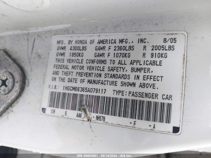 2005 Honda Accord 3.0 Lx VIN: 1HGCM66365A079117 Lot: 39403861