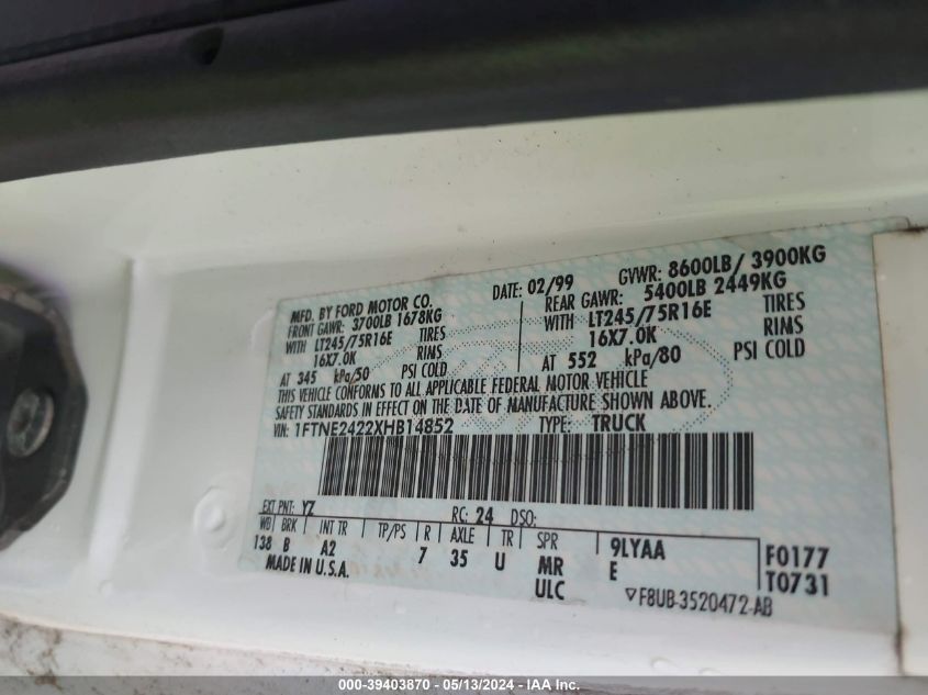 1999 Ford E-250 Commercial VIN: 1FTNE2422XHB14852 Lot: 39403870