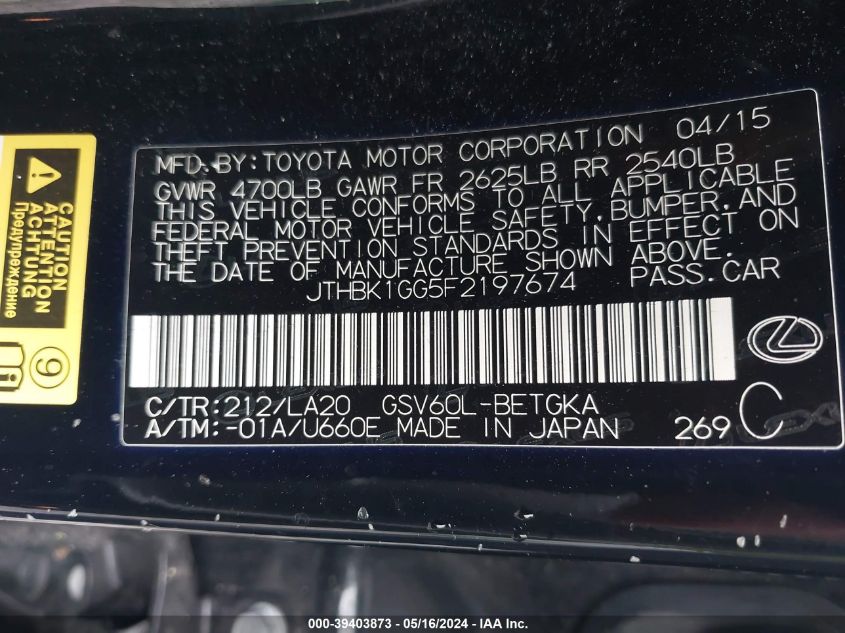 2015 Lexus Es 350 VIN: JTHBK1GG5F2197674 Lot: 39403873