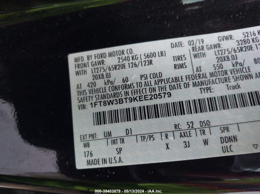 2019 Ford F-350 King Ranch VIN: 1FT8W3BT9KEE20579 Lot: 39403879