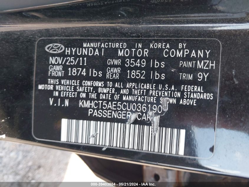 2012 Hyundai Accent Gs VIN: KMHCT5AE5CU036190 Lot: 39403884