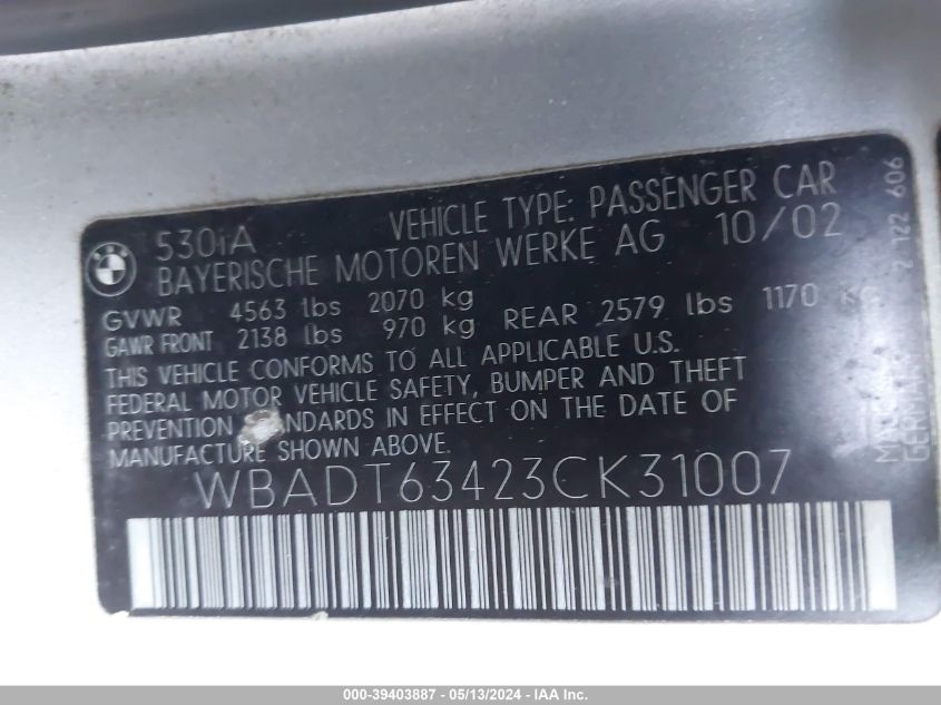2003 BMW 530Ia VIN: WBADT63423CK31007 Lot: 39403887