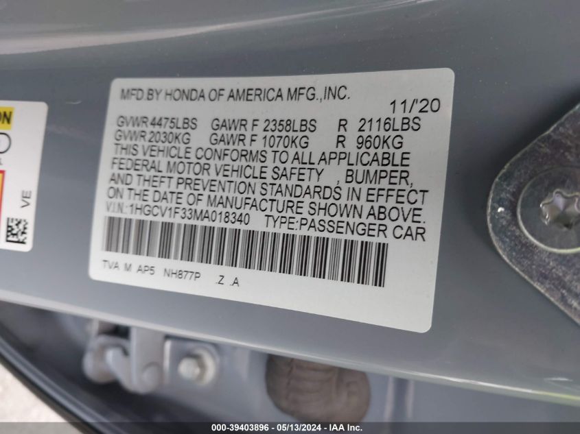 2021 Honda Accord Sport VIN: 1HGCV1F33MA018340 Lot: 39403896