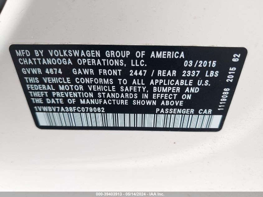 2015 Volkswagen Passat 2.0L Tdi Se VIN: 1VWBV7A38FC079062 Lot: 39403913