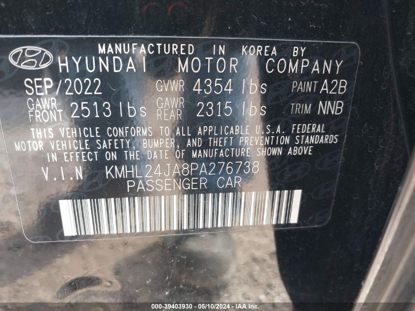 2023 Hyundai Sonata Se VIN: KMHL24JA8PA276738 Lot: 39403930