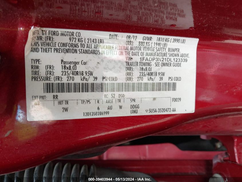 2013 Ford Focus Titanium VIN: 1FADP3N21DL123339 Lot: 39403944