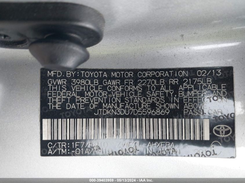 2013 Toyota Prius Two VIN: JTDKN3DU7D5596869 Lot: 39403959