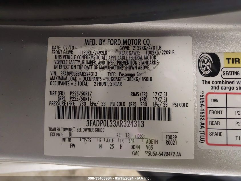 2010 Ford Fusion Hybrid VIN: 3FADP0L33AR324313 Lot: 39403964