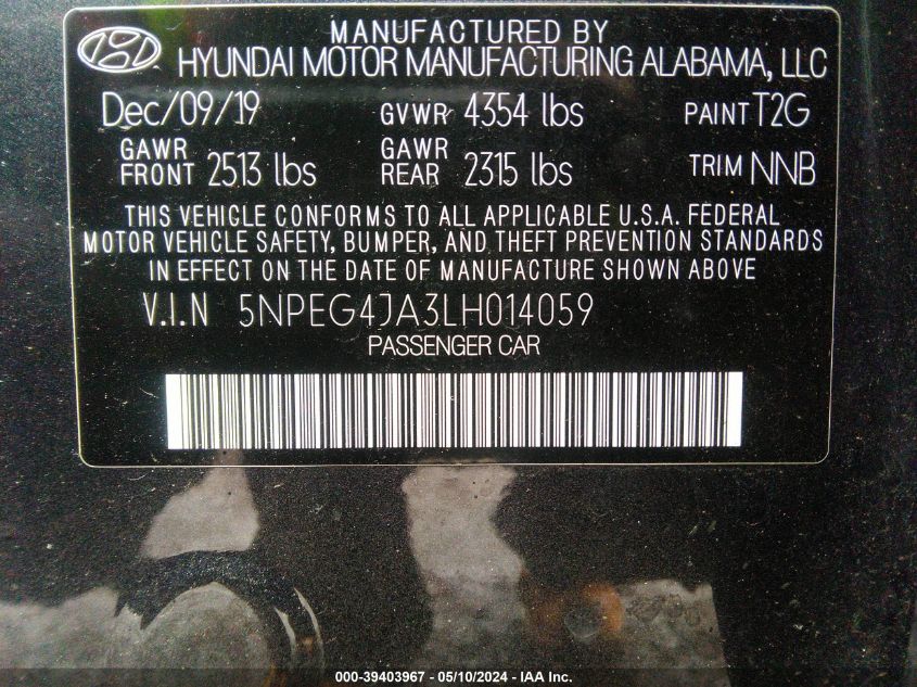 2020 Hyundai Sonata Se VIN: 5NPEG4JA3LH014059 Lot: 39403967