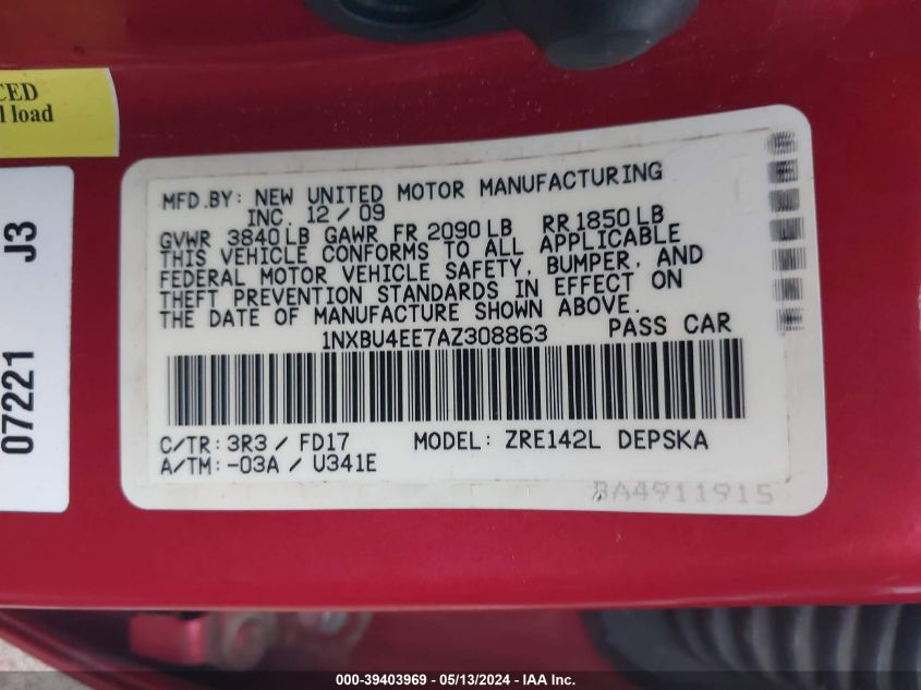 2010 Toyota Corolla S VIN: 1NXBU4EE7AZ308863 Lot: 39403969