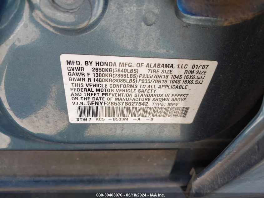 2007 Honda Pilot Ex-L VIN: 5FNYF28537B027542 Lot: 39403976