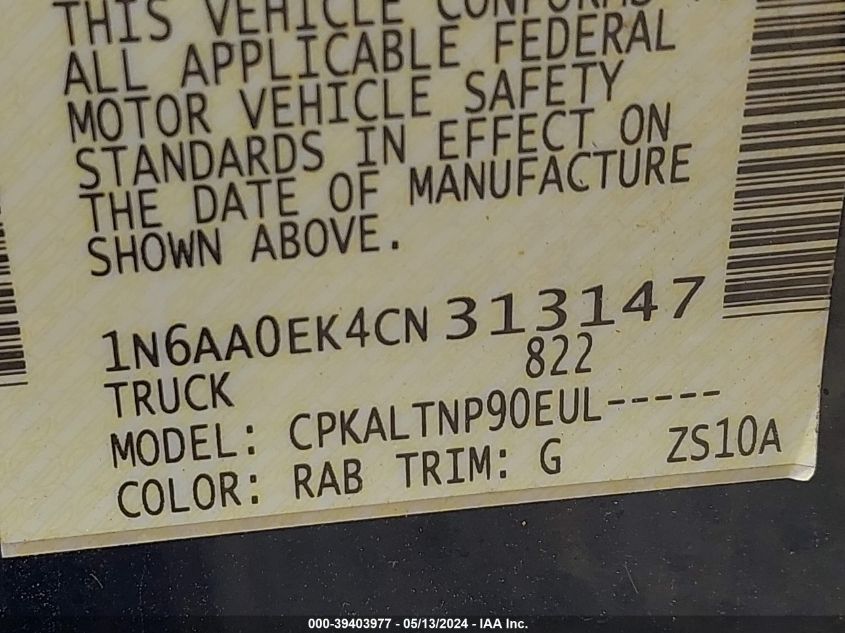 2012 Nissan Titan Sv VIN: 1N6AA0EK4CN313147 Lot: 39403977