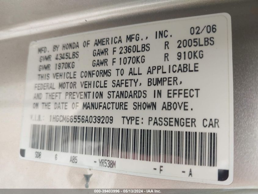 2006 Honda Accord 3.0 Ex VIN: 1HGCM66556A039209 Lot: 39403996