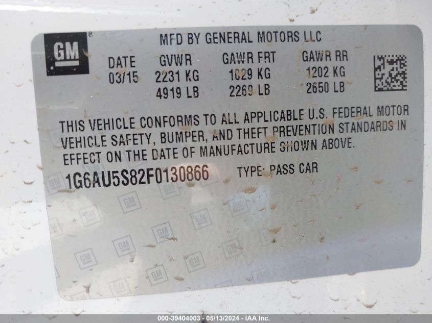 2015 Cadillac Cts Vsport VIN: 1G6AU5S82F0130866 Lot: 39404003