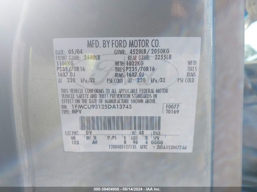 2005 Ford Escape Xlt VIN: 1FMCU93125DA13743 Lot: 39404005