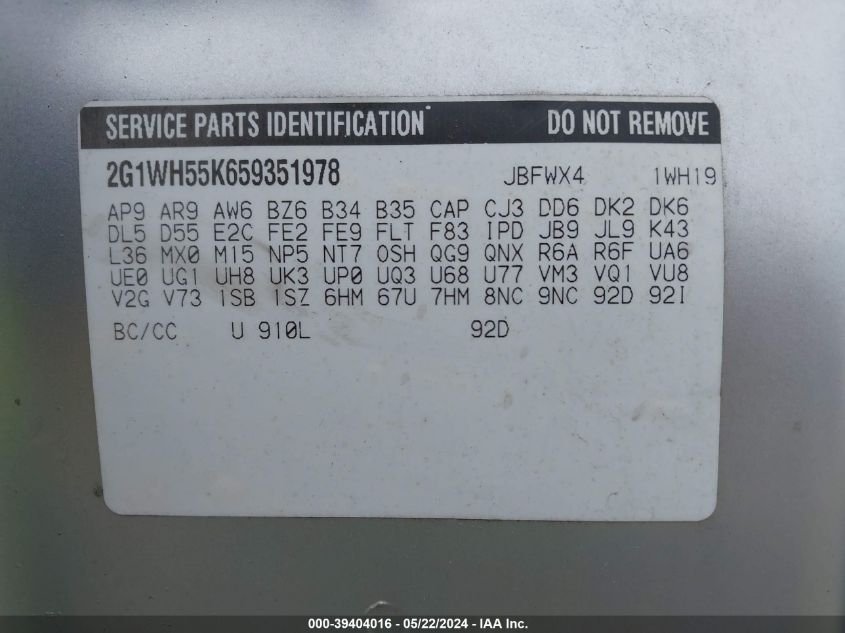 2005 Chevrolet Impala Ls VIN: 2G1WH55K659351978 Lot: 39404016