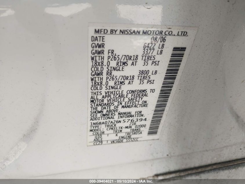 2006 Nissan Titan Se VIN: 1N6BA07A26N576394 Lot: 39404021