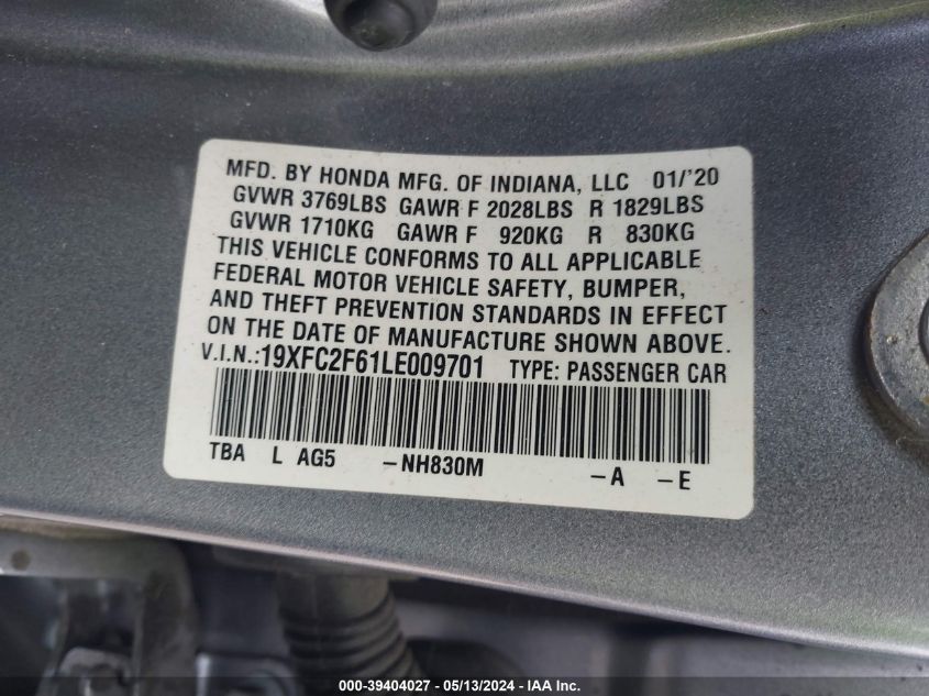 2020 Honda Civic Lx VIN: 19XFC2F61LE009701 Lot: 39404027