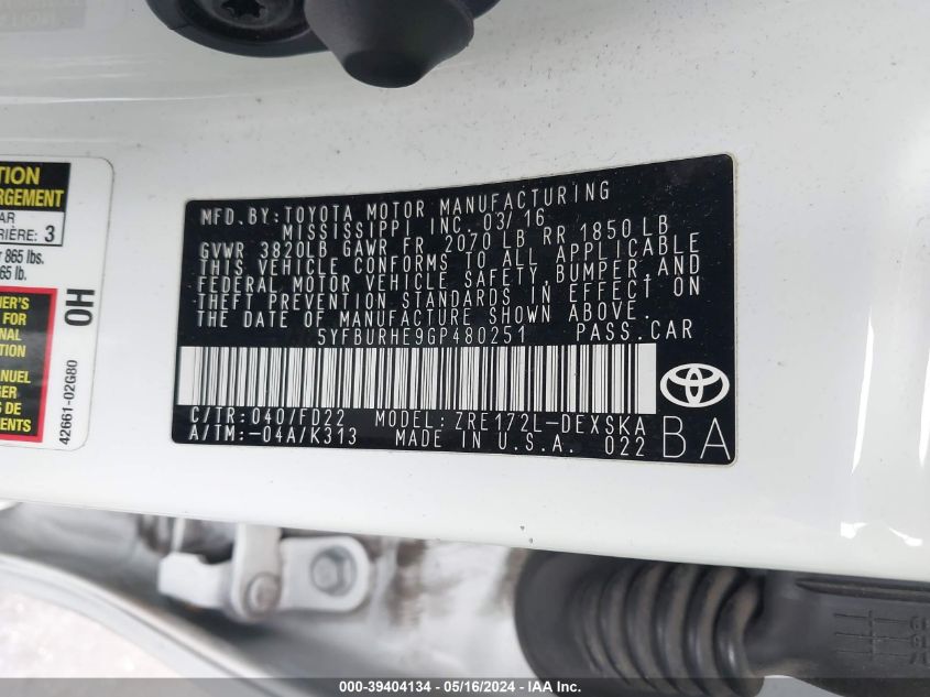 2016 Toyota Corolla S Plus VIN: 5YFBURHE9GP480251 Lot: 39404134