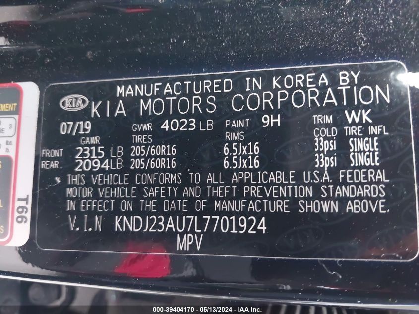 2020 Kia Soul S VIN: KNDJ23AU7L7701924 Lot: 39404170