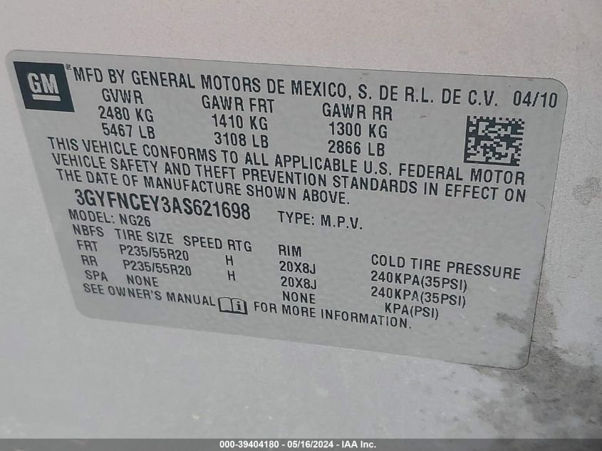 2010 Cadillac Srx Premium Collection VIN: 3GYFNCEY3AS621698 Lot: 39404180